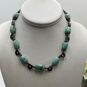 Vintage‎ Sterling Silver Turquoise Carved Scarab Necklace Egyptian Revival Style